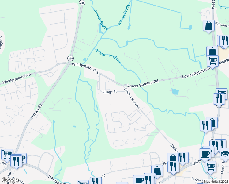 map of restaurants, bars, coffee shops, grocery stores, and more near 15 Village Street in Ellington