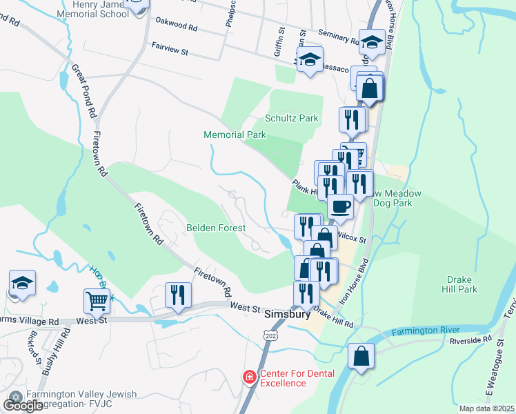 map of restaurants, bars, coffee shops, grocery stores, and more near 62 Library Lane in Simsbury
