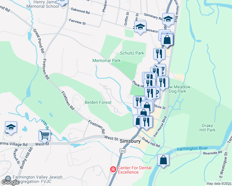 map of restaurants, bars, coffee shops, grocery stores, and more near 62 Library Lane in Simsbury