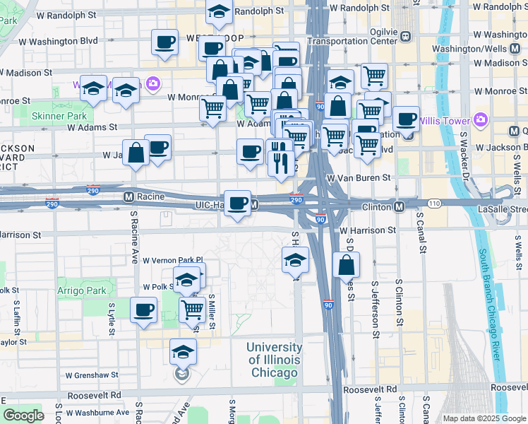 map of restaurants, bars, coffee shops, grocery stores, and more near 430 South Halsted Street in Chicago