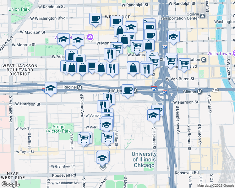 map of restaurants, bars, coffee shops, grocery stores, and more near 430 South Halsted Street in Chicago