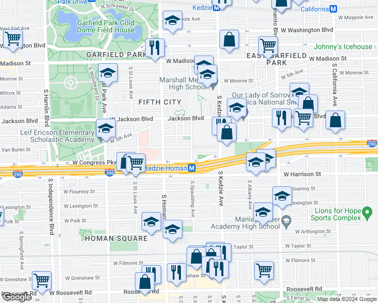 map of restaurants, bars, coffee shops, grocery stores, and more near 3251 West Van Buren Street in Chicago