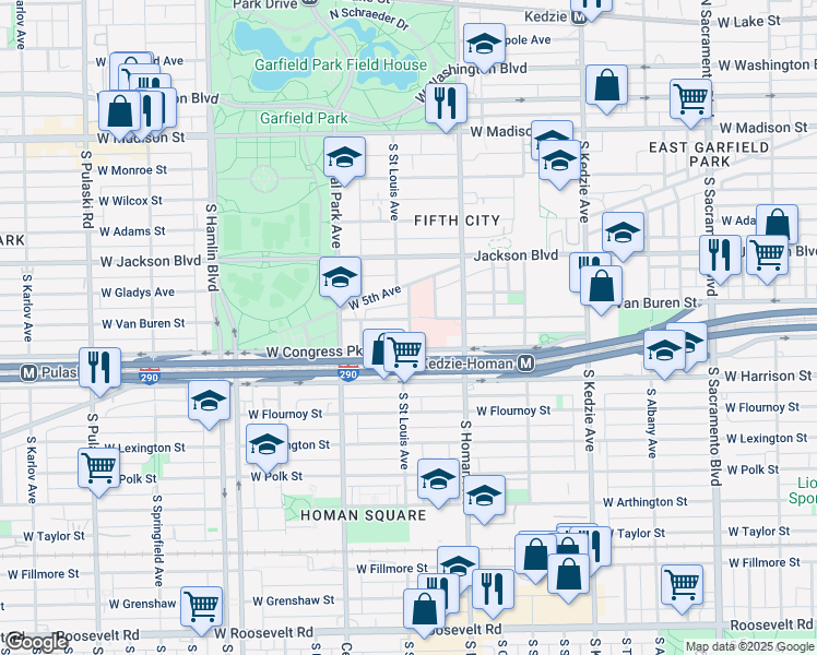 map of restaurants, bars, coffee shops, grocery stores, and more near 3402 West Van Buren Street in Chicago