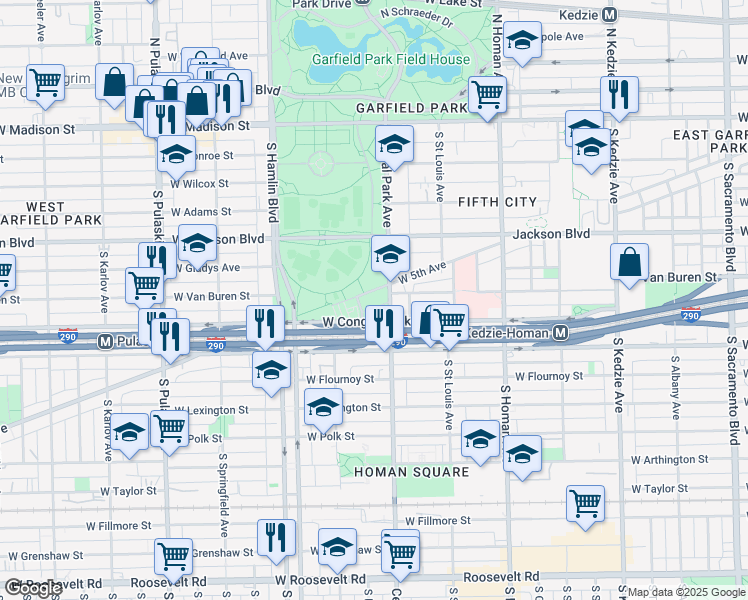 map of restaurants, bars, coffee shops, grocery stores, and more near 3631 West 5th Avenue in Chicago