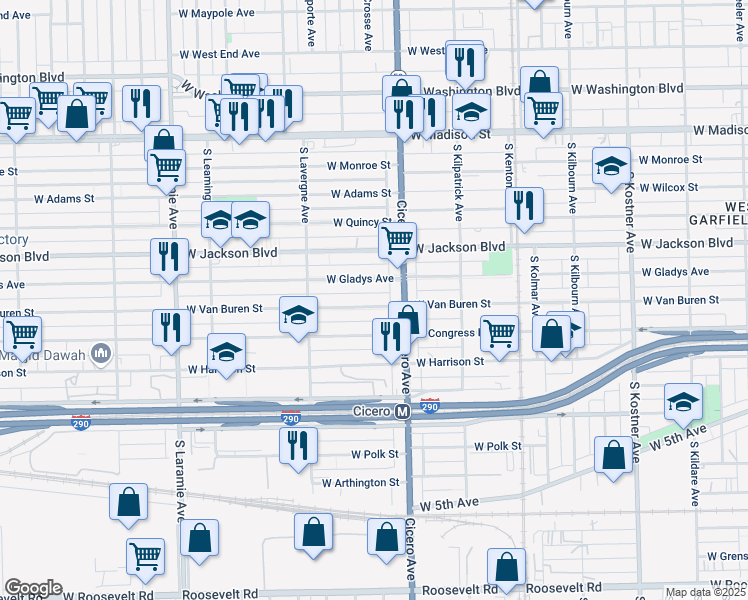 map of restaurants, bars, coffee shops, grocery stores, and more near 4849 West Gladys Avenue in Chicago