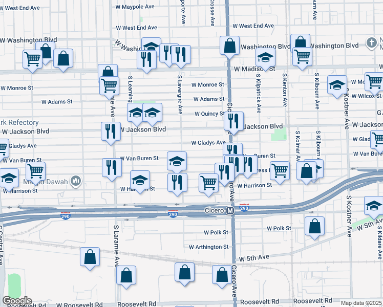 map of restaurants, bars, coffee shops, grocery stores, and more near 4933 West Gladys Avenue in Chicago