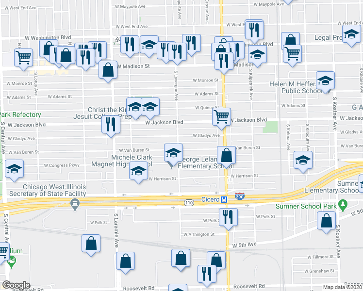 map of restaurants, bars, coffee shops, grocery stores, and more near 4933 West Gladys Avenue in Chicago