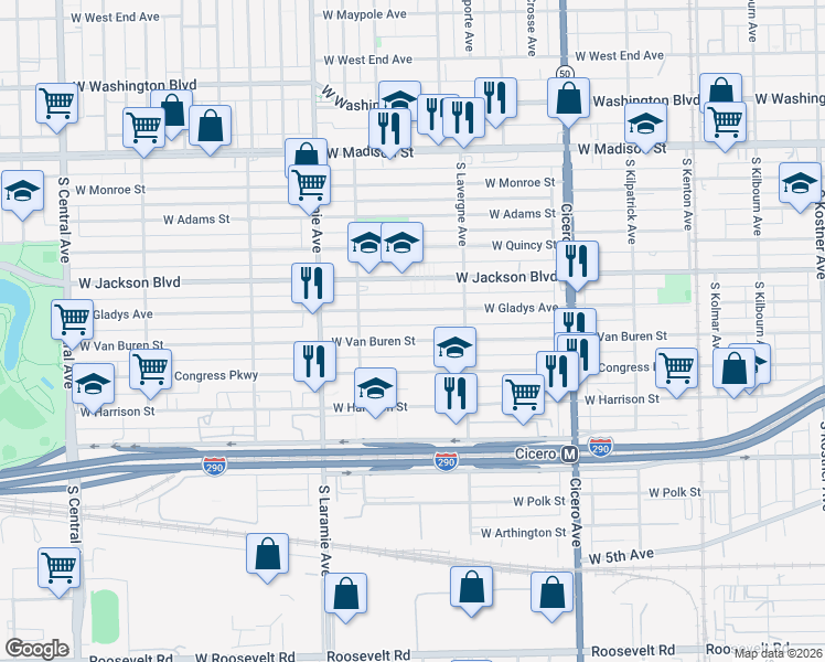 map of restaurants, bars, coffee shops, grocery stores, and more near 5055 West Gladys Avenue in Chicago
