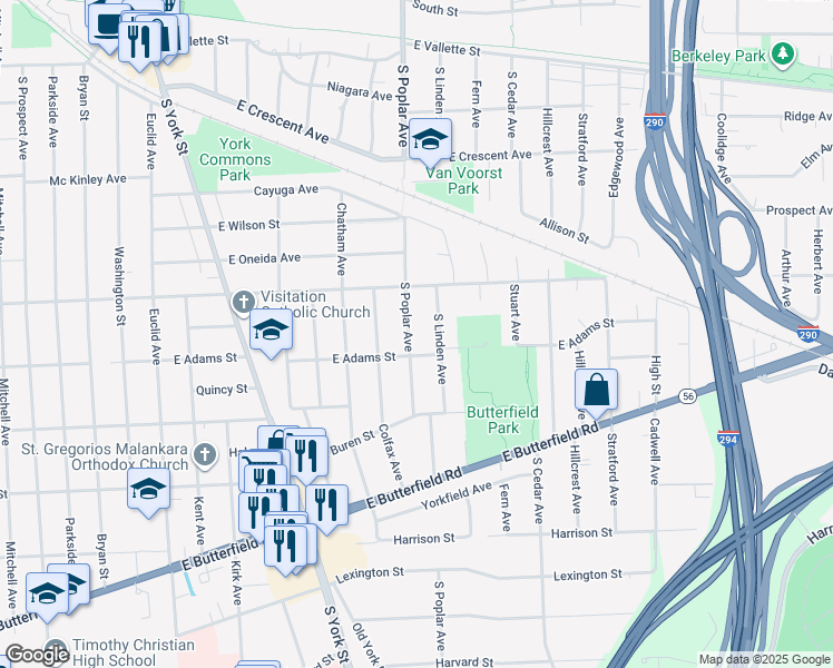 map of restaurants, bars, coffee shops, grocery stores, and more near 787 South Poplar Avenue in Elmhurst