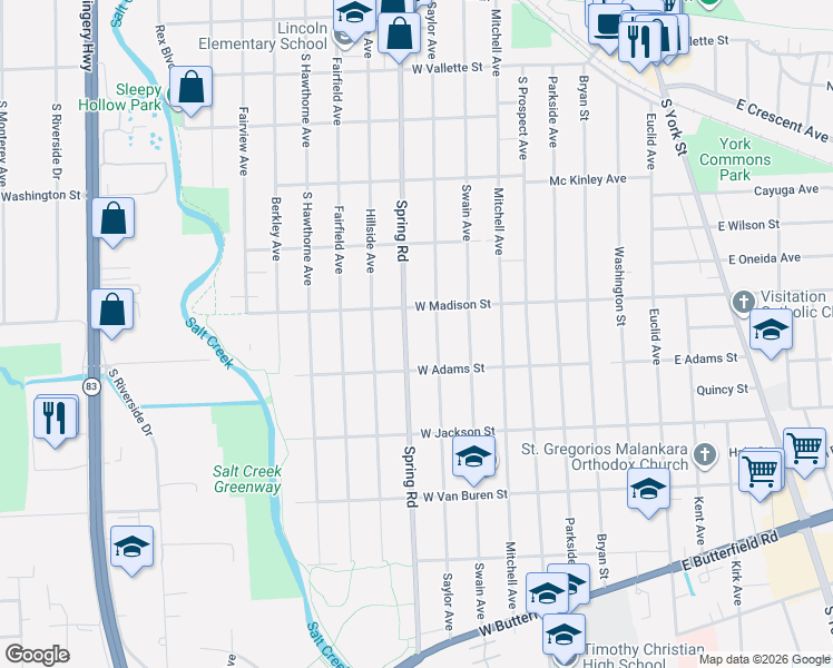 map of restaurants, bars, coffee shops, grocery stores, and more near 784 Spring Road in Elmhurst