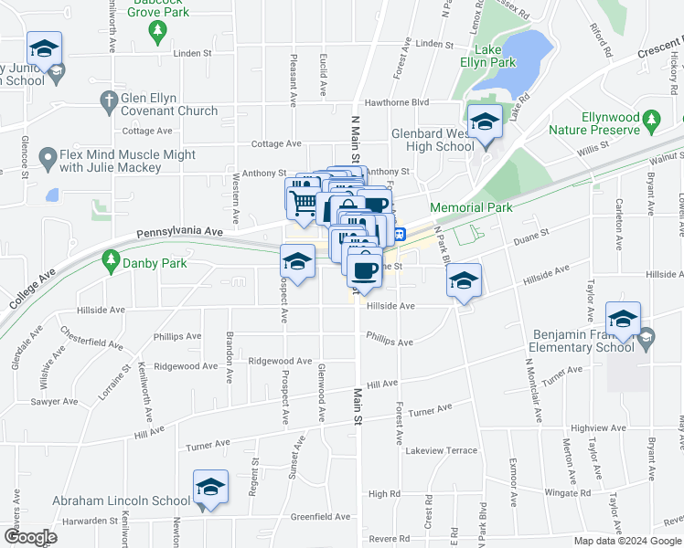 map of restaurants, bars, coffee shops, grocery stores, and more near 493 Duane Street in Glen Ellyn