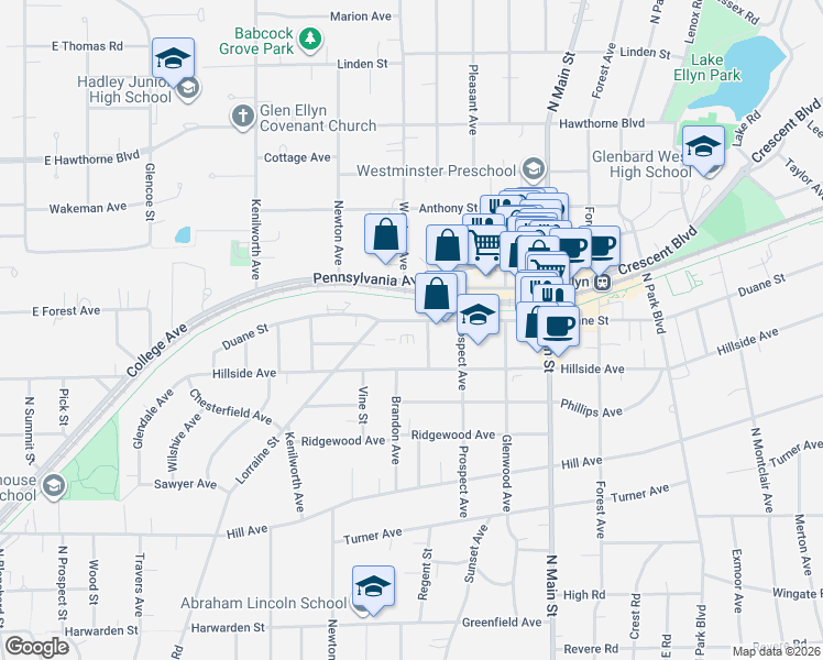 map of restaurants, bars, coffee shops, grocery stores, and more near 395 Duane Street in Glen Ellyn
