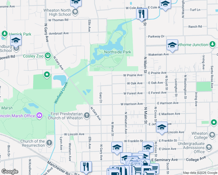 map of restaurants, bars, coffee shops, grocery stores, and more near 1025 North West Street in Wheaton
