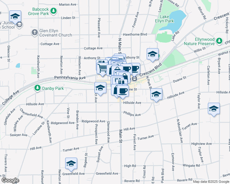map of restaurants, bars, coffee shops, grocery stores, and more near 493 Duane Street in Glen Ellyn
