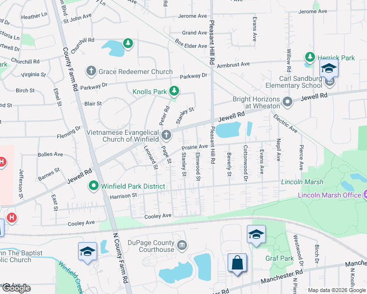 map of restaurants, bars, coffee shops, grocery stores, and more near Stanley Street in Winfield