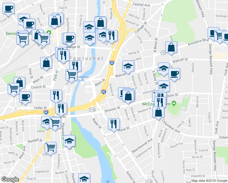 map of restaurants, bars, coffee shops, grocery stores, and more near 90 Summit Street in Pawtucket