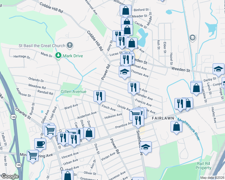 map of restaurants, bars, coffee shops, grocery stores, and more near 151 Francis Avenue in Pawtucket