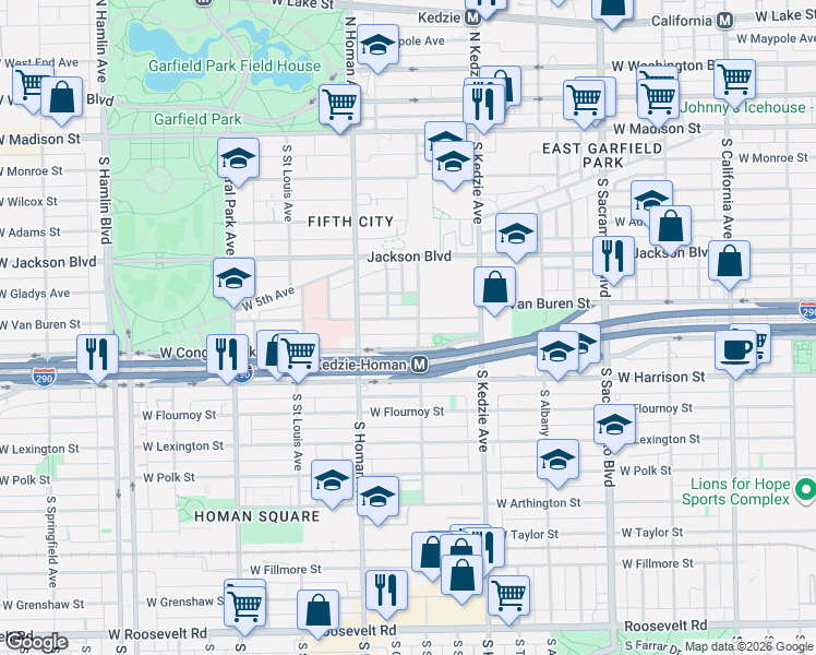 map of restaurants, bars, coffee shops, grocery stores, and more near 3324 West Van Buren Street in Chicago
