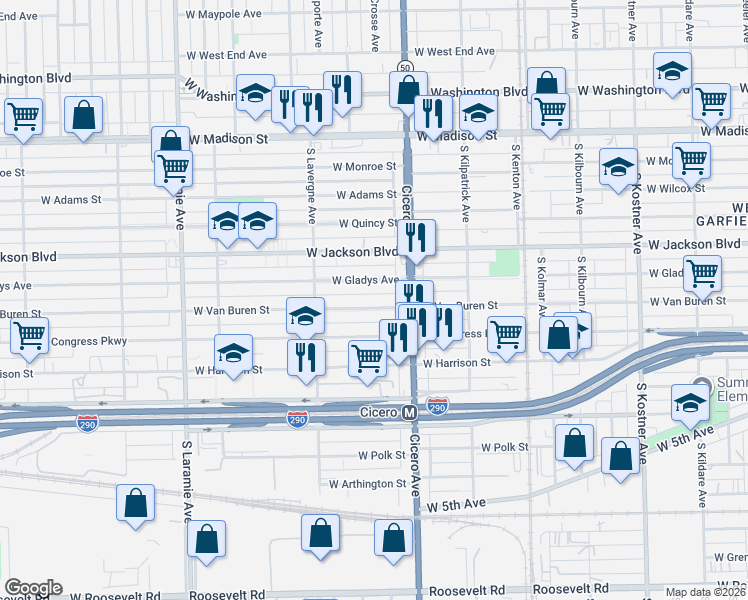 map of restaurants, bars, coffee shops, grocery stores, and more near 4849 West Gladys Avenue in Chicago