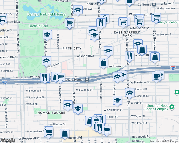 map of restaurants, bars, coffee shops, grocery stores, and more near 3251 West Van Buren Street in Chicago