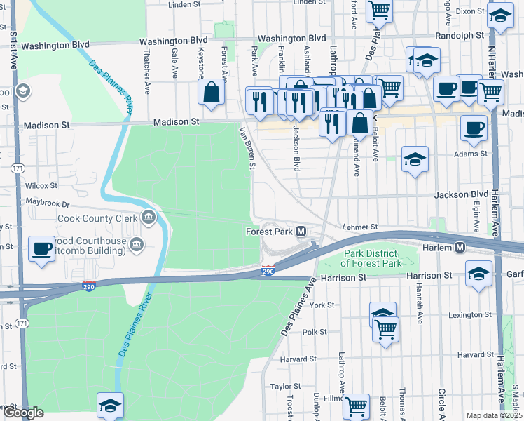 map of restaurants, bars, coffee shops, grocery stores, and more near 7753 Van Buren Street in Forest Park