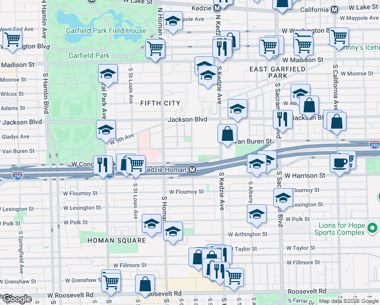 map of restaurants, bars, coffee shops, grocery stores, and more near 3251 West Van Buren Street in Chicago