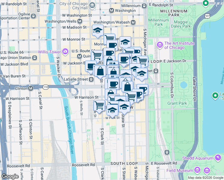 map of restaurants, bars, coffee shops, grocery stores, and more near 514 South State Street in Chicago