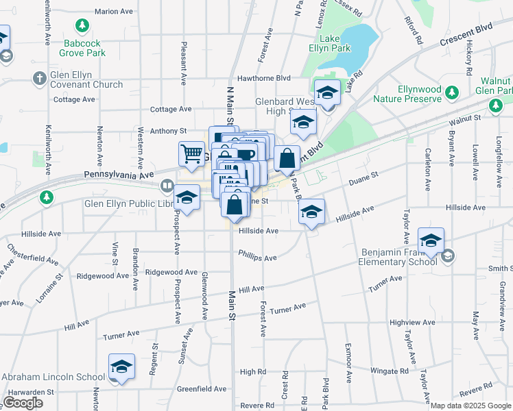 map of restaurants, bars, coffee shops, grocery stores, and more near 424 Forest Avenue in Glen Ellyn