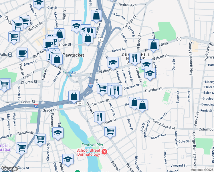 map of restaurants, bars, coffee shops, grocery stores, and more near Potter Street in Pawtucket