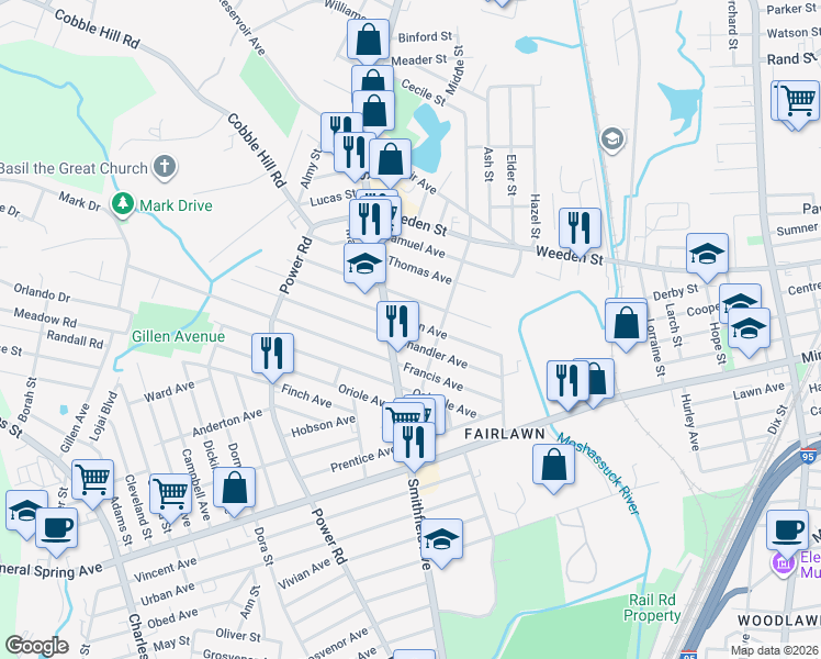 map of restaurants, bars, coffee shops, grocery stores, and more near 55 Owen Avenue in Pawtucket