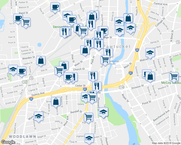 map of restaurants, bars, coffee shops, grocery stores, and more near East Avenue Exd in Pawtucket