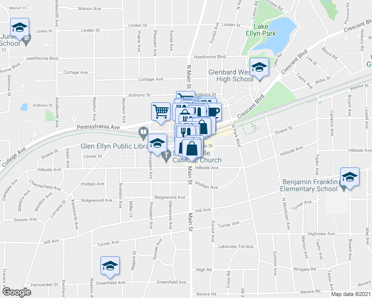 map of restaurants, bars, coffee shops, grocery stores, and more near in Glen Ellyn