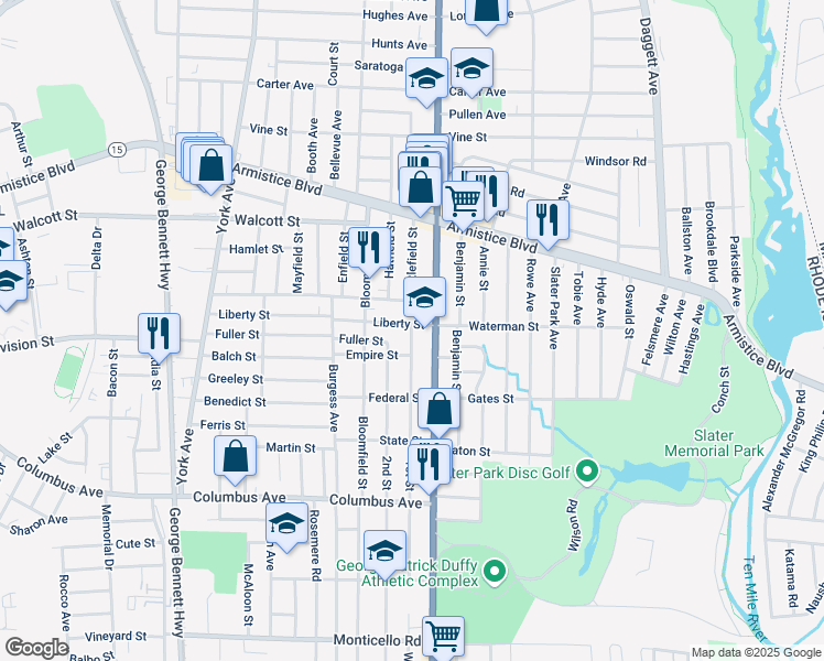 map of restaurants, bars, coffee shops, grocery stores, and more near 8 1st Street in Pawtucket