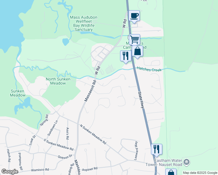 map of restaurants, bars, coffee shops, grocery stores, and more near 165 Harvest Road in Eastham
