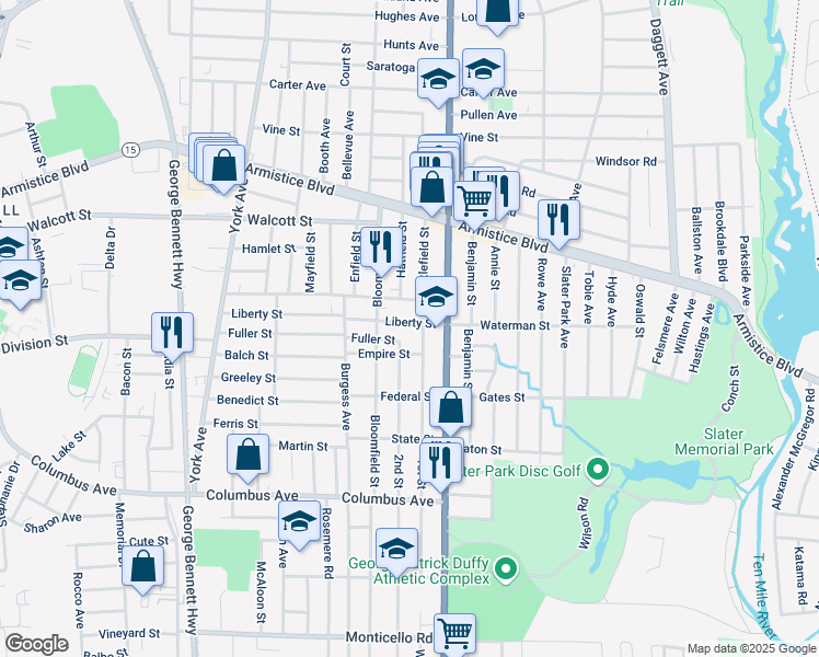 map of restaurants, bars, coffee shops, grocery stores, and more near 202 Liberty Street in Pawtucket