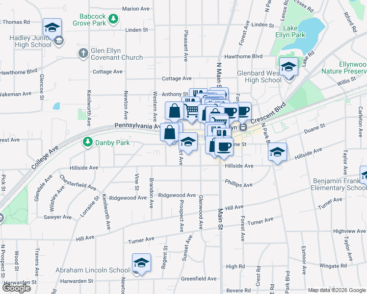 map of restaurants, bars, coffee shops, grocery stores, and more near 460 Duane Street in Glen Ellyn