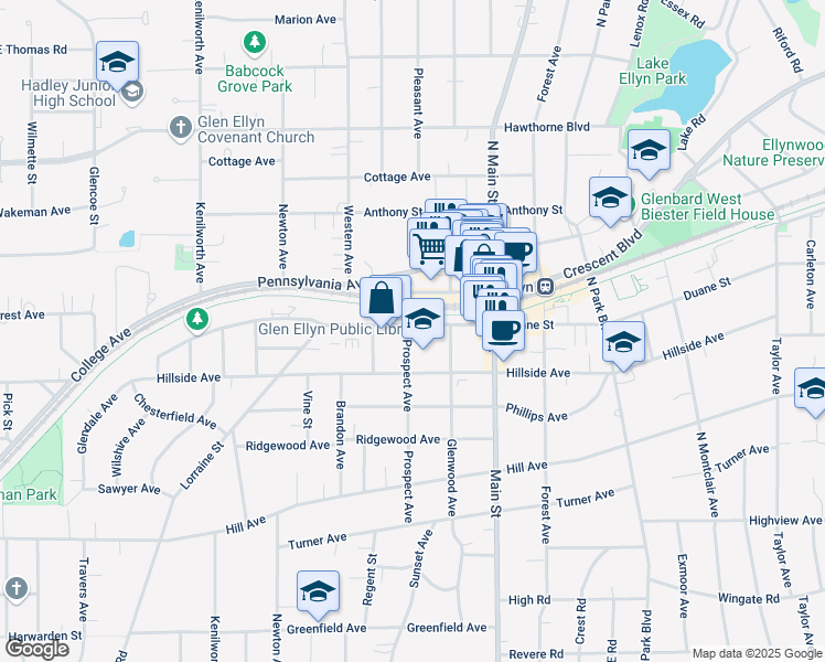 map of restaurants, bars, coffee shops, grocery stores, and more near 460 Duane Street in Glen Ellyn