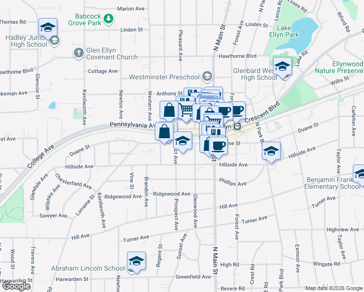 map of restaurants, bars, coffee shops, grocery stores, and more near 463 Duane Street in Glen Ellyn