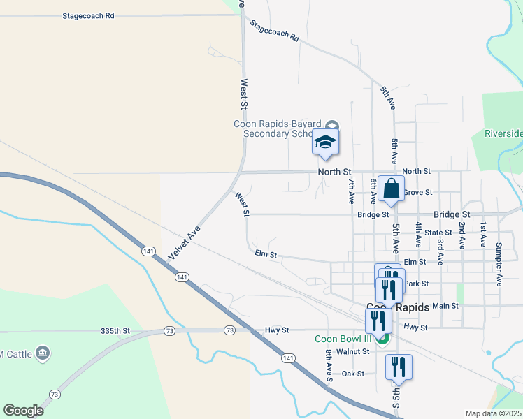 map of restaurants, bars, coffee shops, grocery stores, and more near 1017 Bridge Street in Coon Rapids