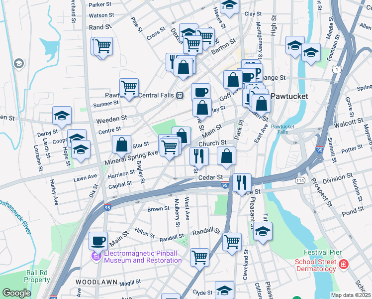 map of restaurants, bars, coffee shops, grocery stores, and more near 66 Church Street in Pawtucket