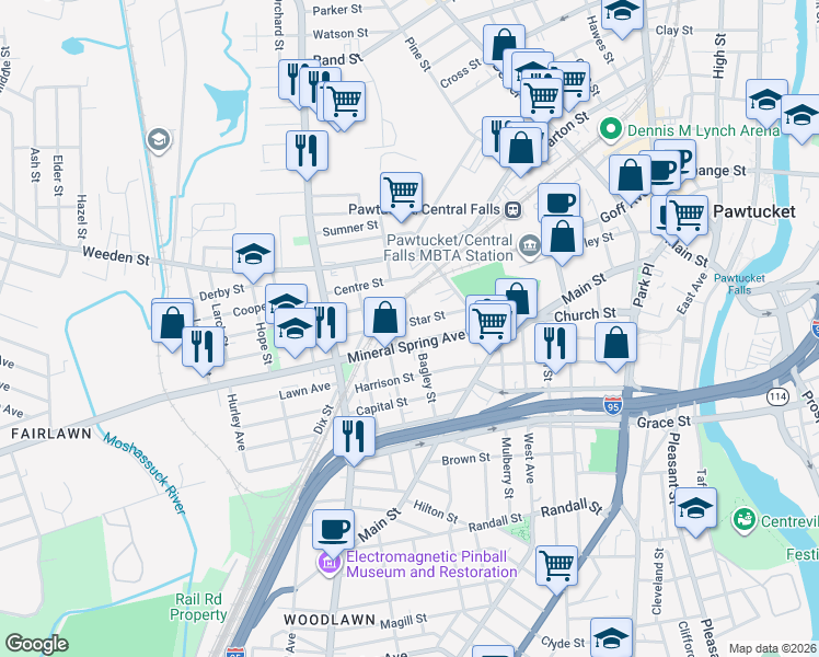 map of restaurants, bars, coffee shops, grocery stores, and more near 48 Star Street in Pawtucket