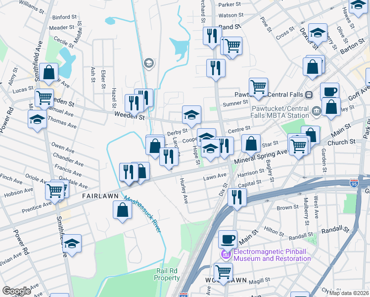 map of restaurants, bars, coffee shops, grocery stores, and more near 54 Cooper Street in Pawtucket