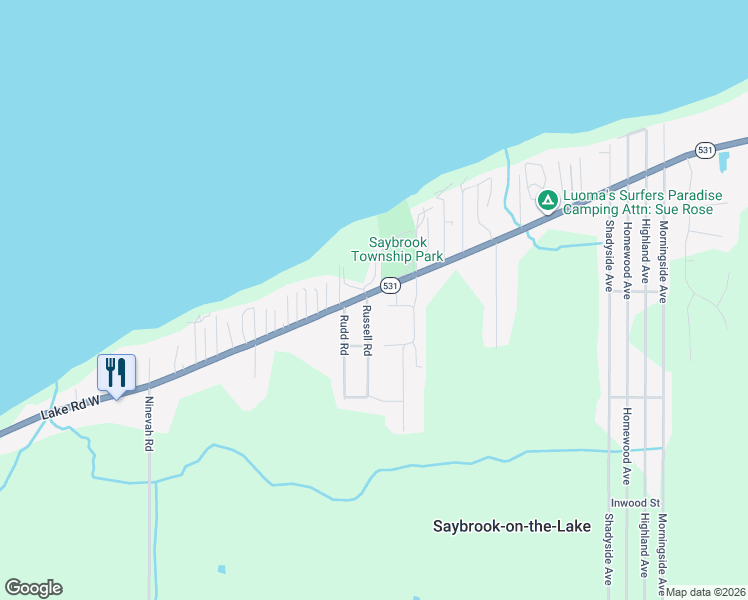 map of restaurants, bars, coffee shops, grocery stores, and more near 2704 Russell Road in Ashtabula