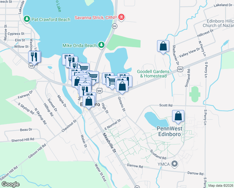 map of restaurants, bars, coffee shops, grocery stores, and more near 199 E Plum St in Edinboro