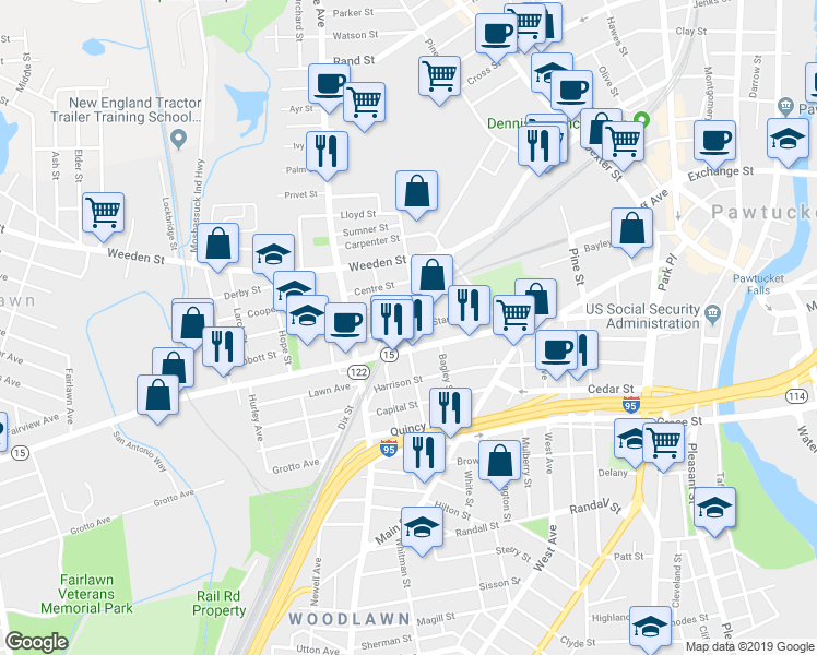 map of restaurants, bars, coffee shops, grocery stores, and more near 20 Franklin Street in Pawtucket