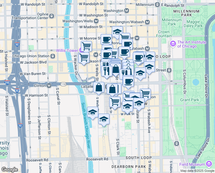 map of restaurants, bars, coffee shops, grocery stores, and more near 414 South LaSalle Street in Chicago