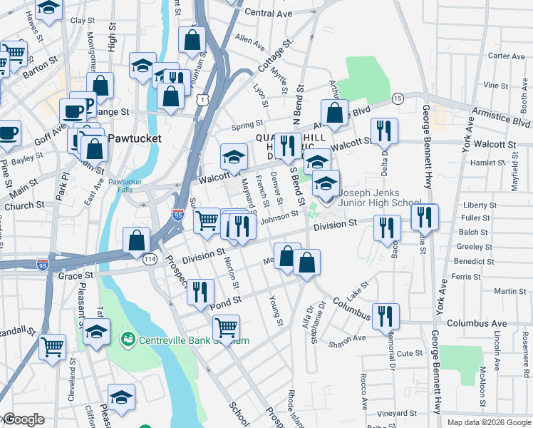 map of restaurants, bars, coffee shops, grocery stores, and more near 90 French Street in Pawtucket