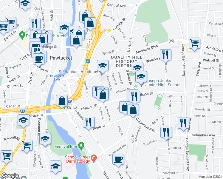 map of restaurants, bars, coffee shops, grocery stores, and more near 63 Potter Street in Pawtucket