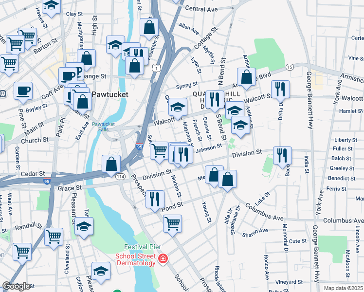 map of restaurants, bars, coffee shops, grocery stores, and more near 63 Potter Street in Pawtucket