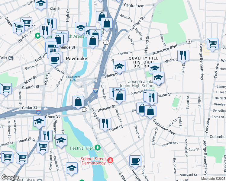 map of restaurants, bars, coffee shops, grocery stores, and more near 30 Potter Street in Pawtucket
